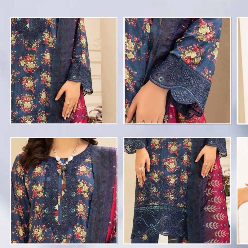 Linen blue floral print with embroidered 3PC