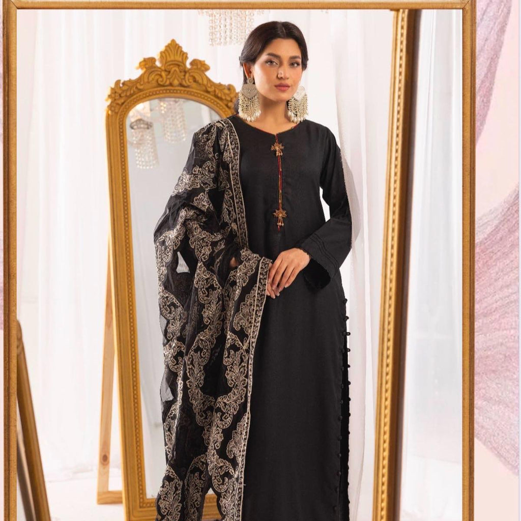 Simrans dhanak 3PC with laser Kari shawl black