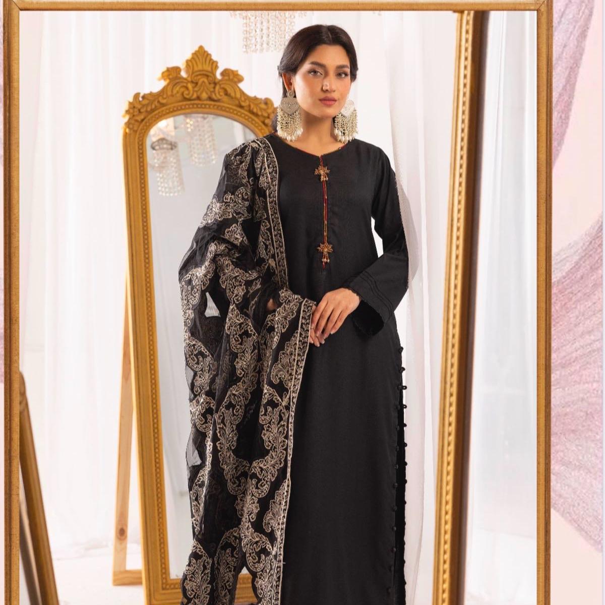 Simrans dhanak 3PC with laser Kari shawl black