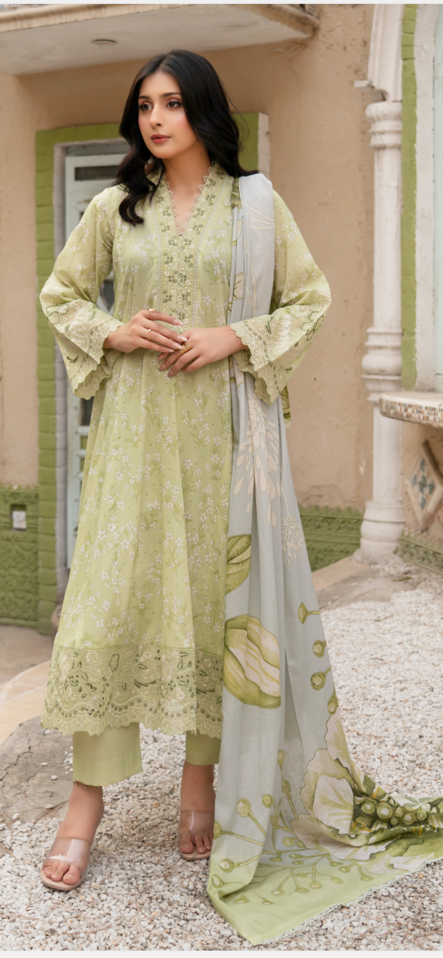 Light green lawn embroidered dress style 3PC
