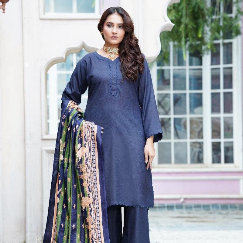 Blue plain suit with printed shawl