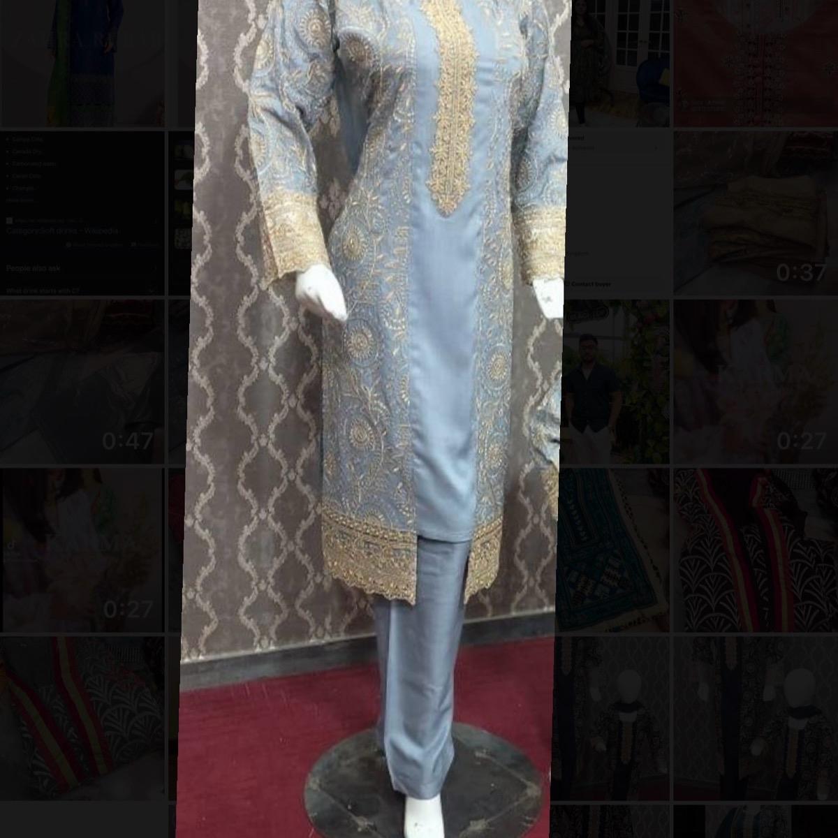 Light grey embroidered gown style linen 3PC