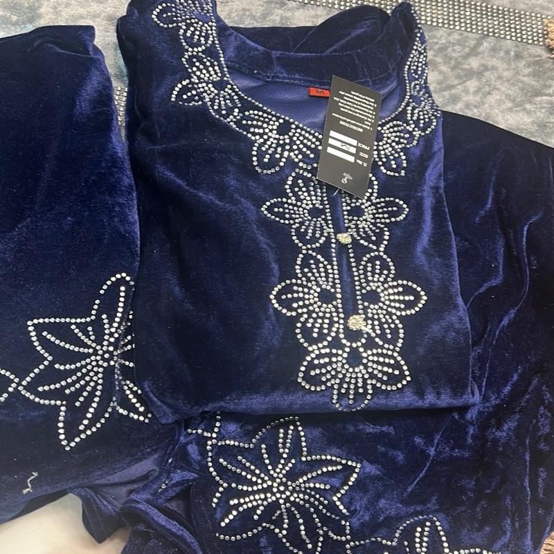 Navy Blue Velvet 3PC Set with Straight Trousers and Shawl Embellished with Rhinestones for Elegant Outfits