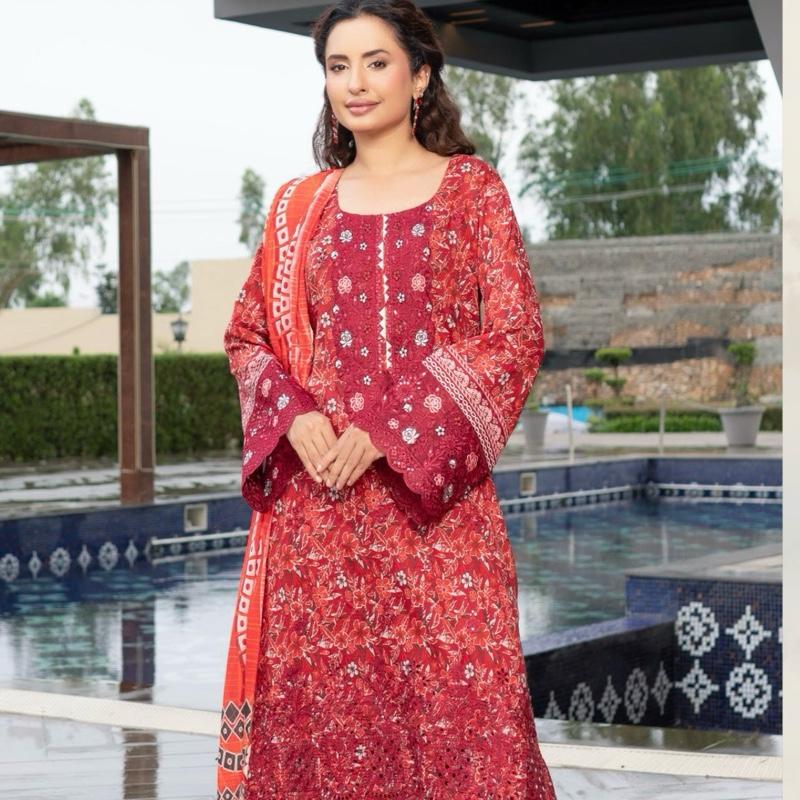 Munira red lawn embroidered 3PC