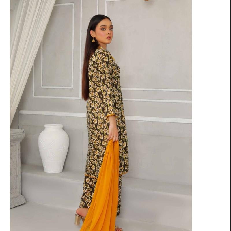 Simrans printed 3PC with chiffon plain dupatta