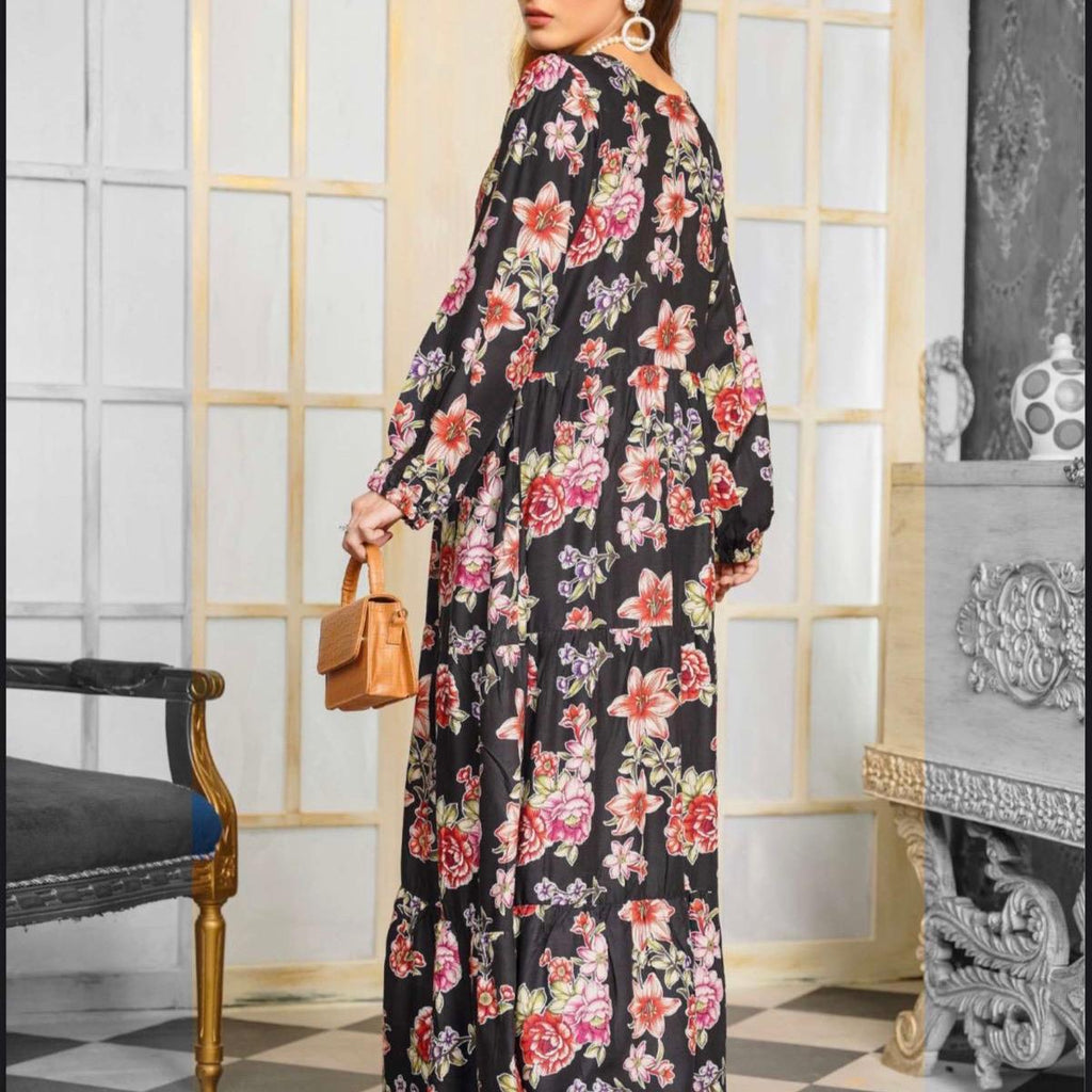 Simrans Black with multi floral linen long maxi