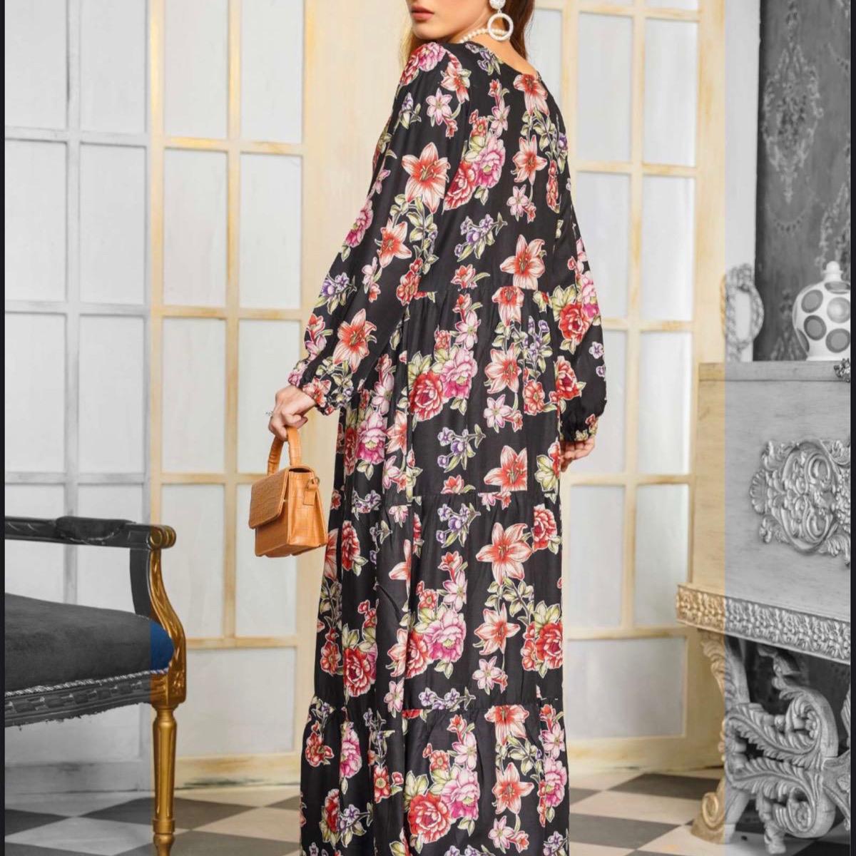 Simrans Black with multi floral linen long maxi