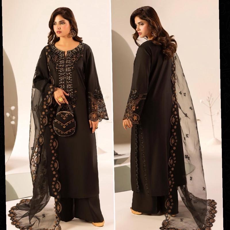 Black silk fancy party wear with trousers dupatta and potli