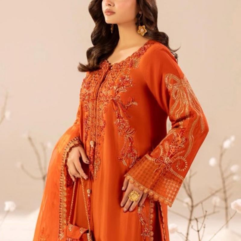 Elegant Orange Embroidered Dress with Matching Dupatta and Bag for Special Occasions