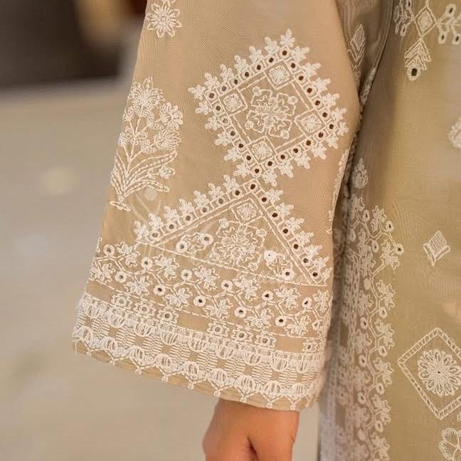 Karma Beige Cotton Embroidered 3PC Set with Intricate Motifs and Elegant Fit for Special Occasions