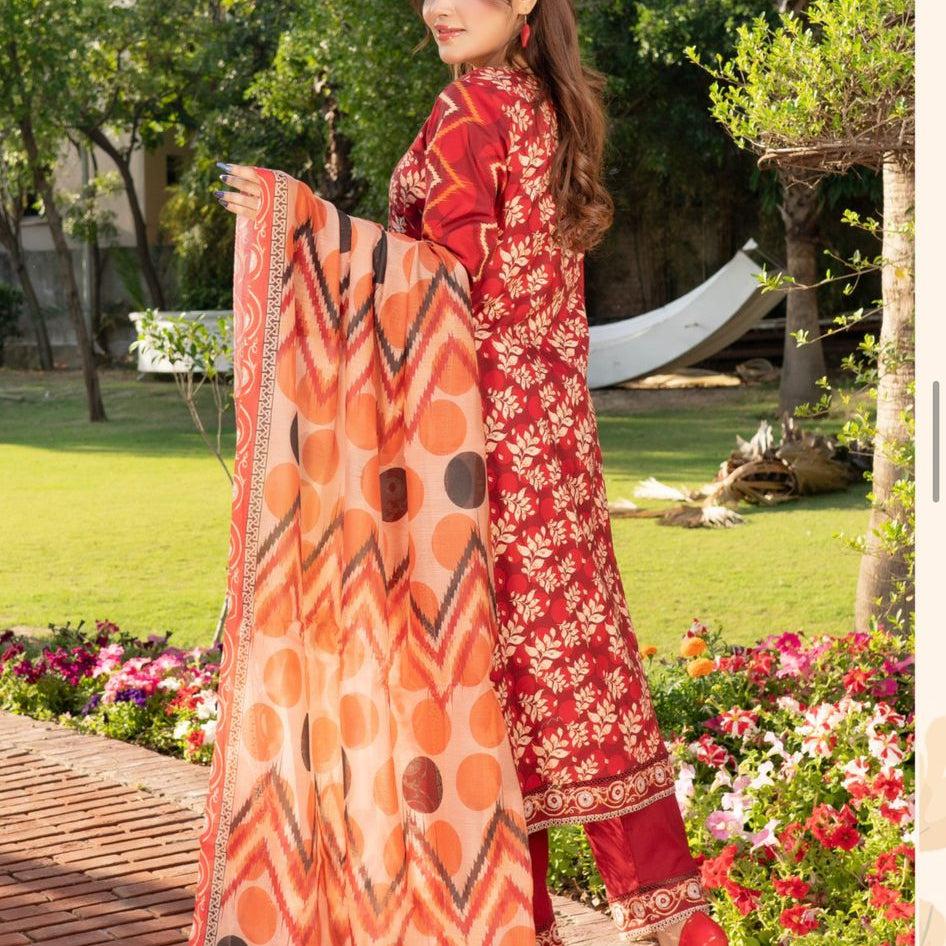 MSL-02 Munira Red Embroided Lawn 3PC