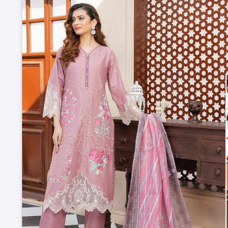 Munira Cotton Embroidered 3PC Pink Dress with Floral Patterns & Matching Dupatta