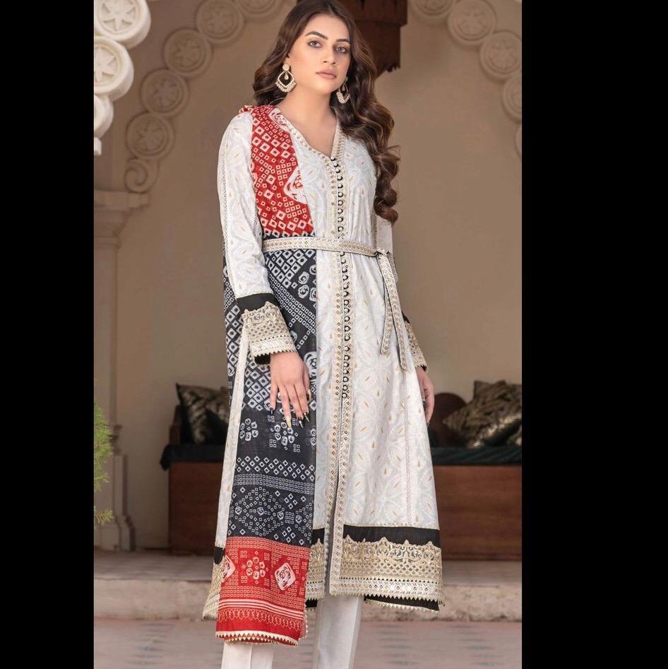 Ally’s white suit with multi chunri print dupatta 3PC