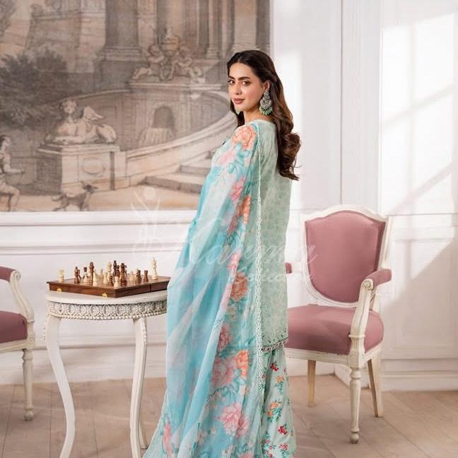 Karma Blue Embroidered 3PC with Farshi Shalwar - Women's Asian Wear Ensemble - Womenswear