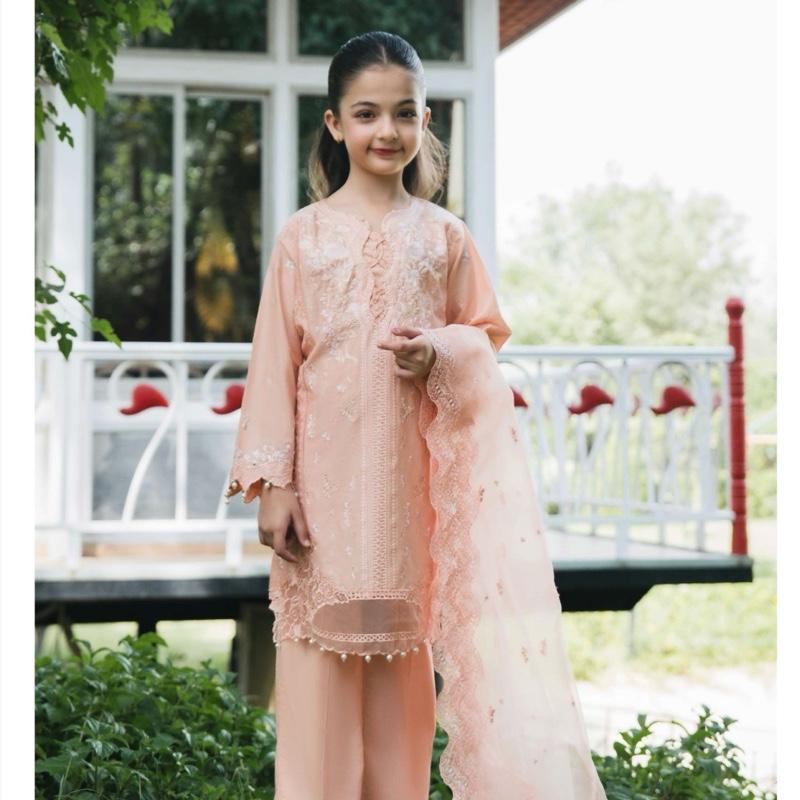 Ally’s mummy and me peach fancy cotton embroidered 3PC