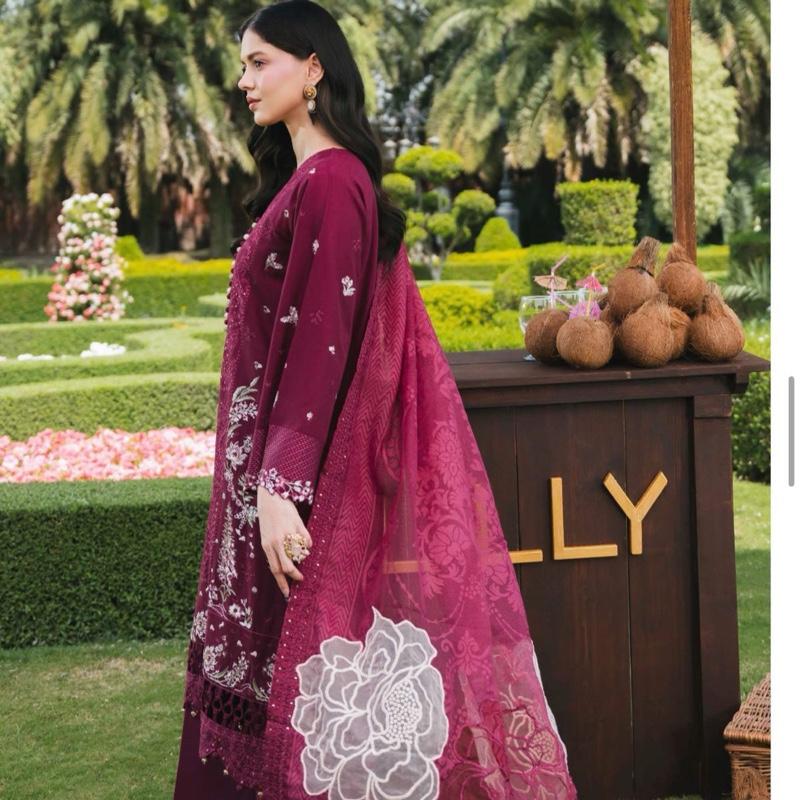 Allays Dark Pink mother daughter matching Heavy Embroidered Fancy Cotton 3PC