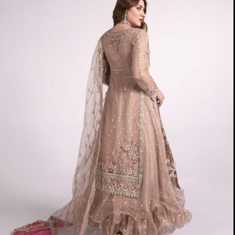 Heavy Maxi Dress with Gown Dupatta and Trousers in Elegant Pink and White Embroidered Design