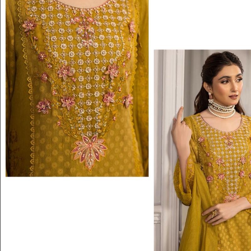 Zahra Rubab Safron Fancy Khadi Net 3PC Suit for Women - Womenswear, Asian