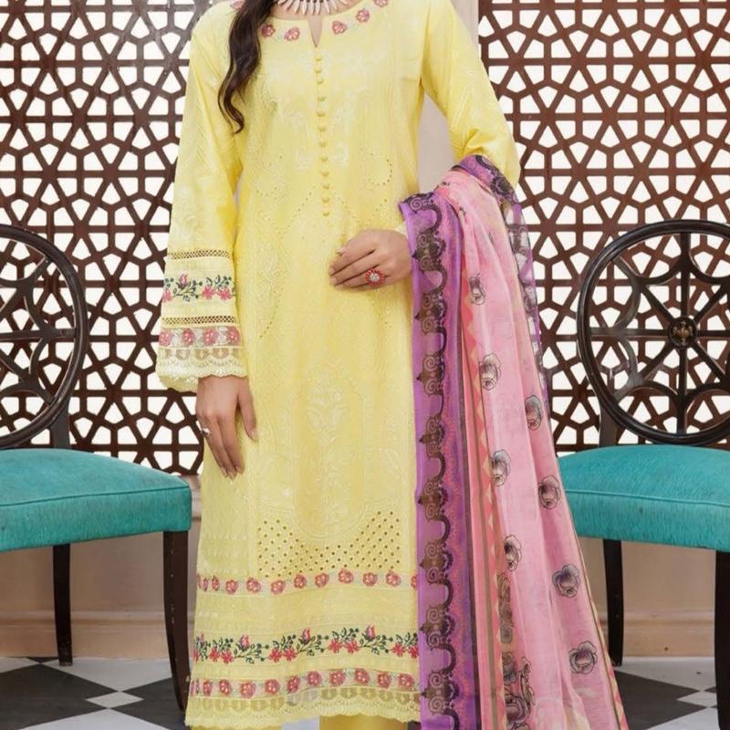 Yellow cotton heavy embroidered 3PC with contrast dupatta