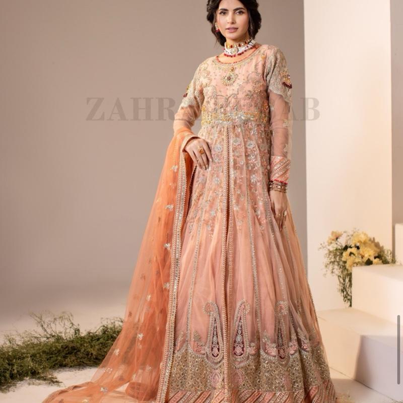 Zahra Rubab peach heavy maxi dress with dupatta and trousers