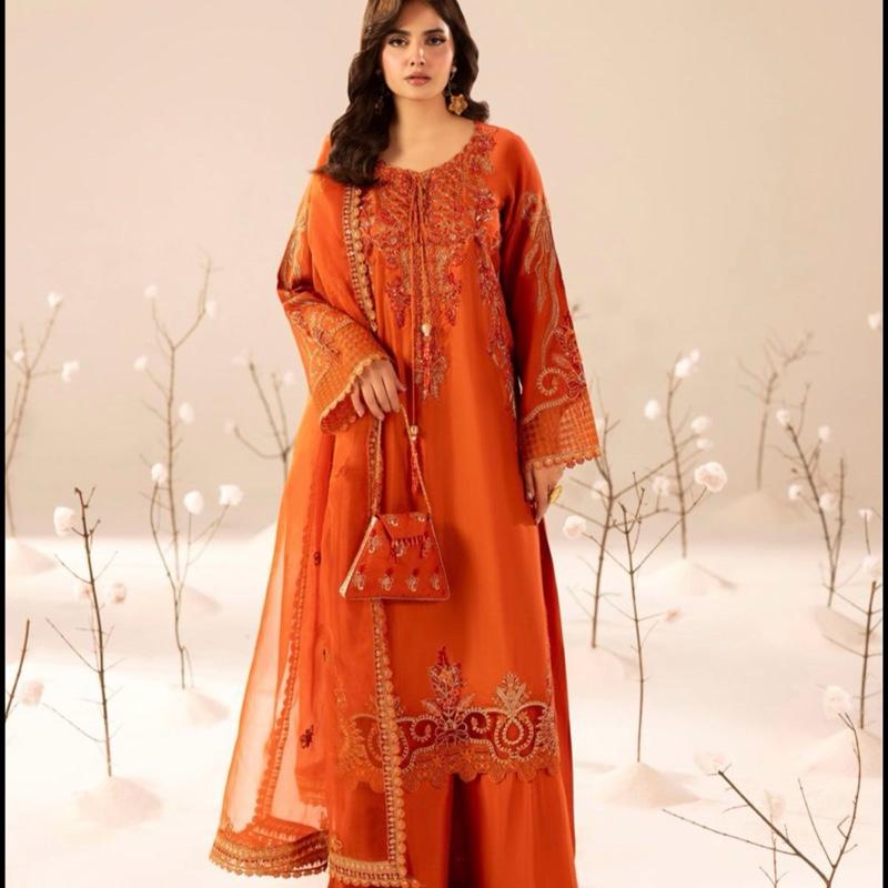 Elegant Orange Embroidered Dress with Matching Dupatta and Bag for Special Occasions