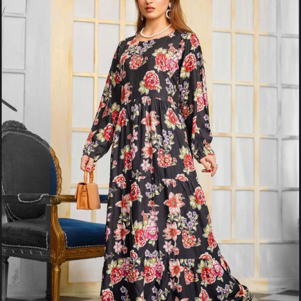 Simrans Black with multi floral linen long maxi