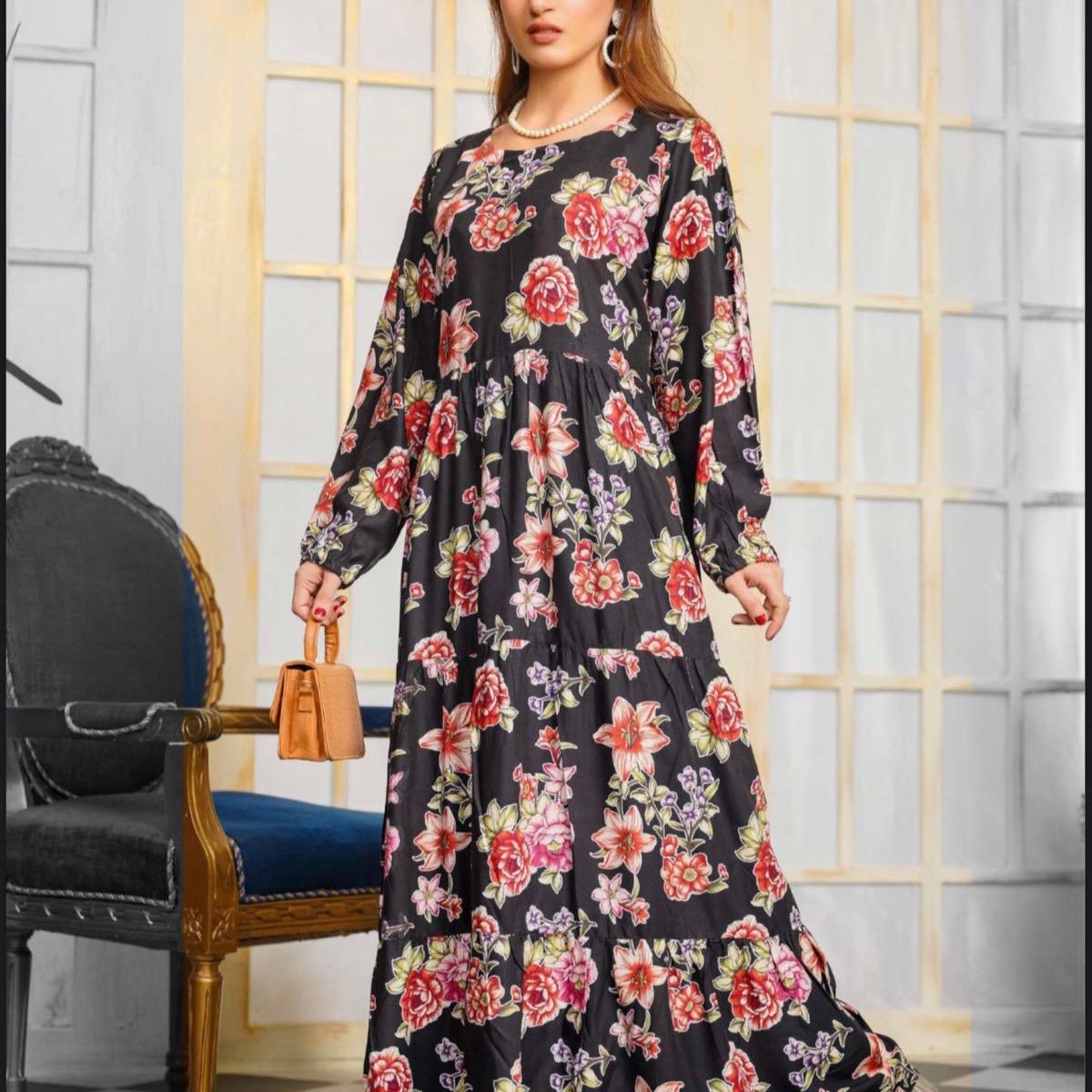 Simrans Black with multi floral linen long maxi