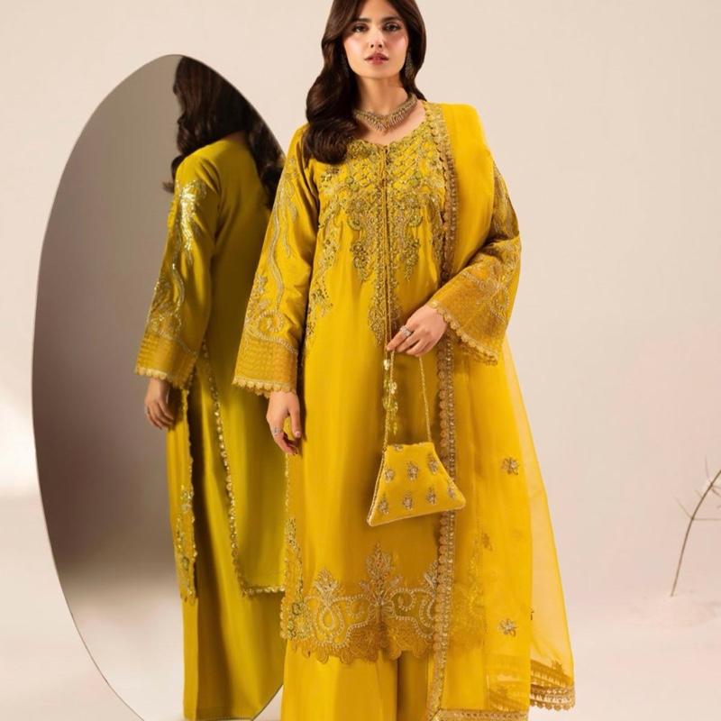 Zahra Rubab yellow silk fancy 3PC