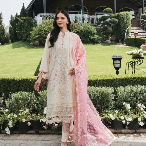Allys Mother daughter off white with pink dupatta embroidered fancy cotton 3PC