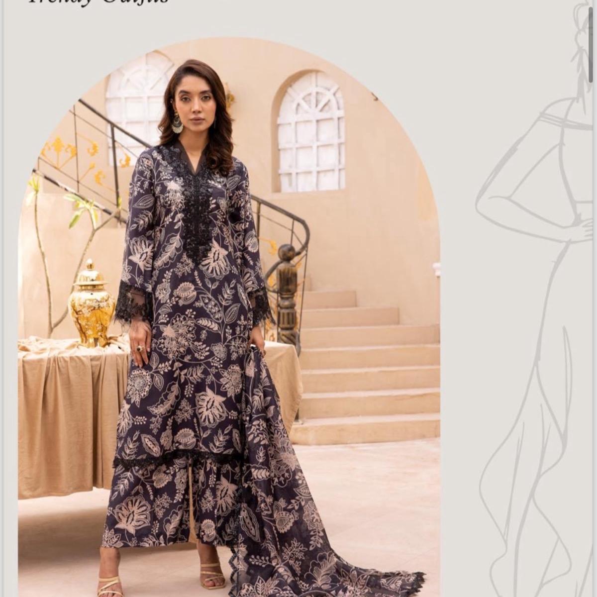 Simrans lawn printkari embroidered 3PC suit black