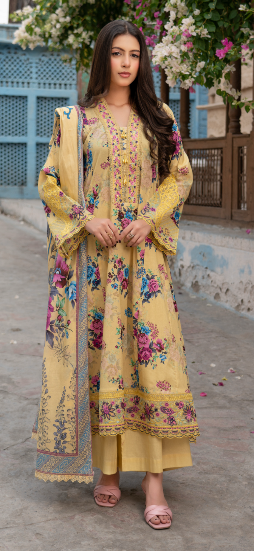 Munira lawn dress style floral print embroidered 3PC