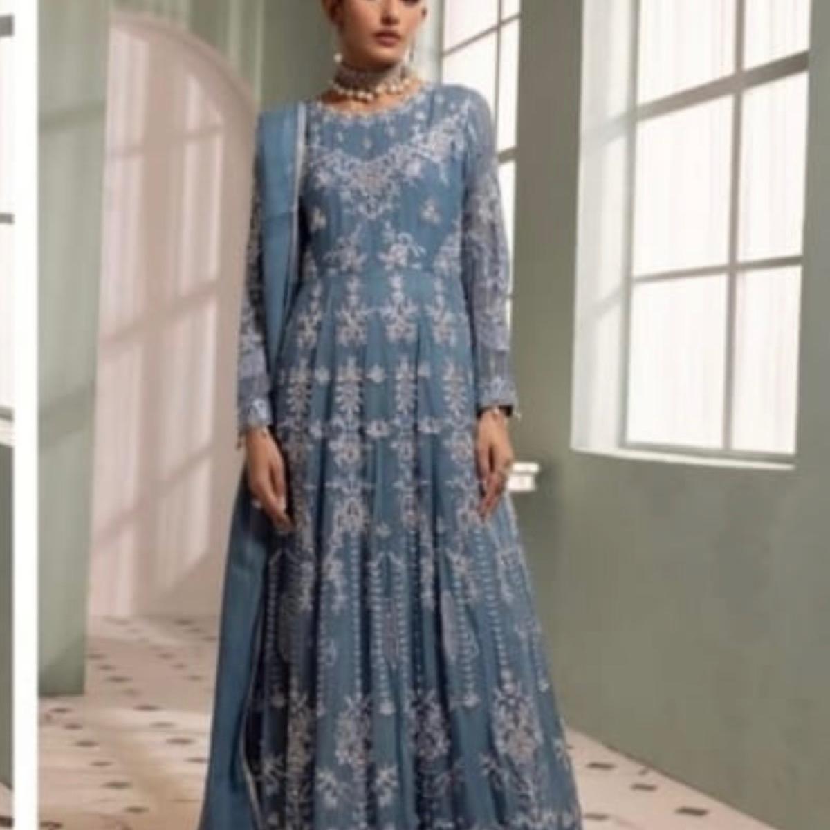 Dusty blue Allys heavy embroidered chiffon maxi dress