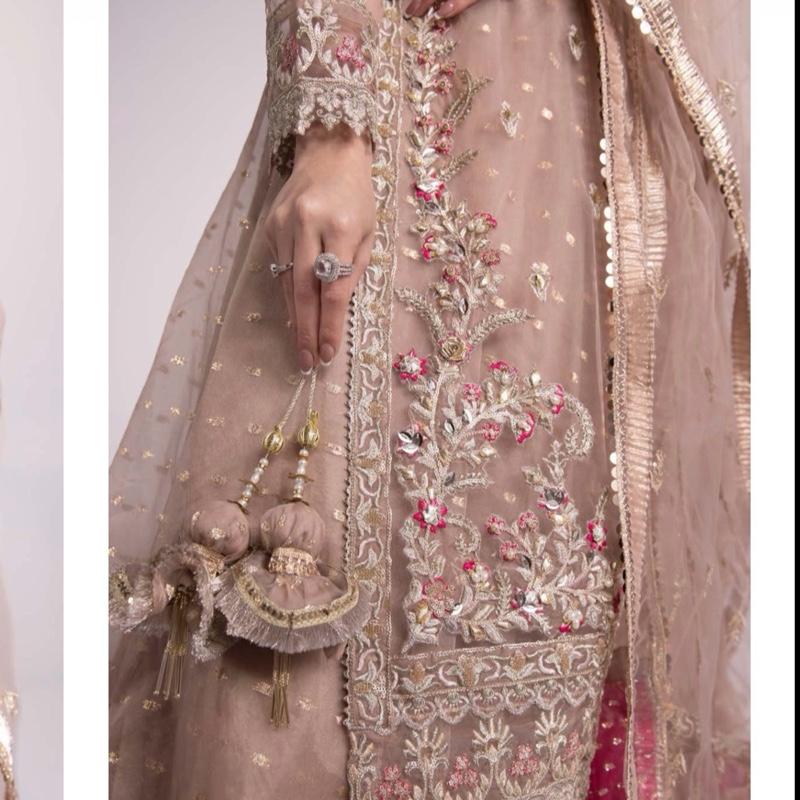Heavy Maxi Dress with Gown Dupatta and Trousers in Elegant Pink and White Embroidered Design