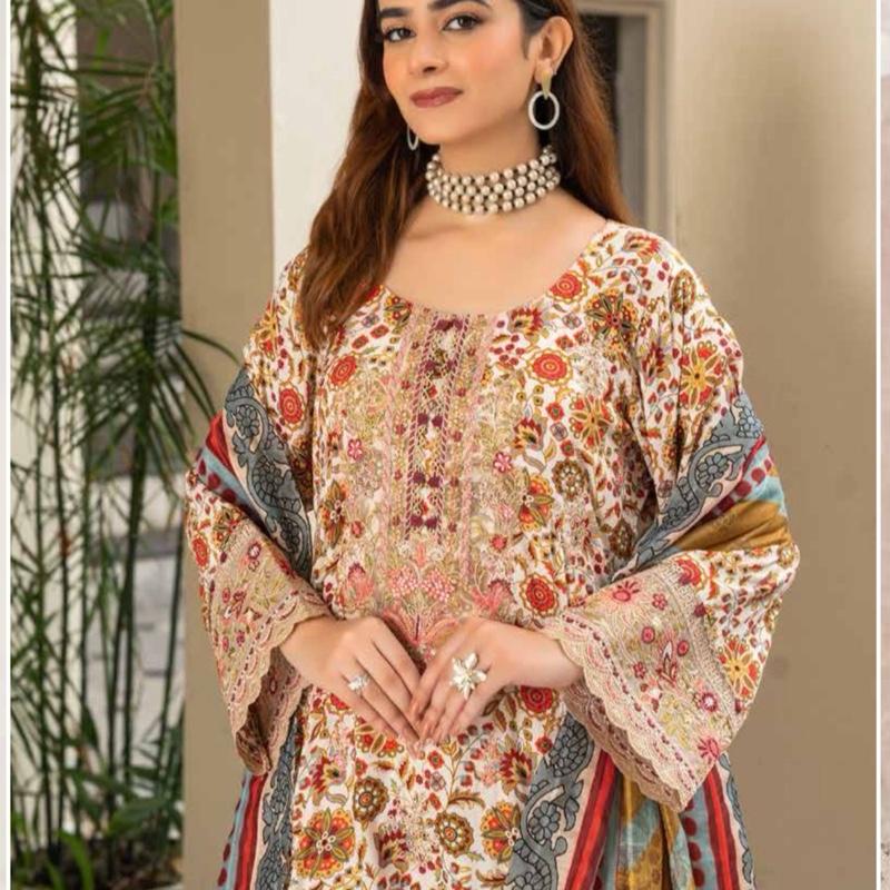 Linen floral print with embroidered 3PC