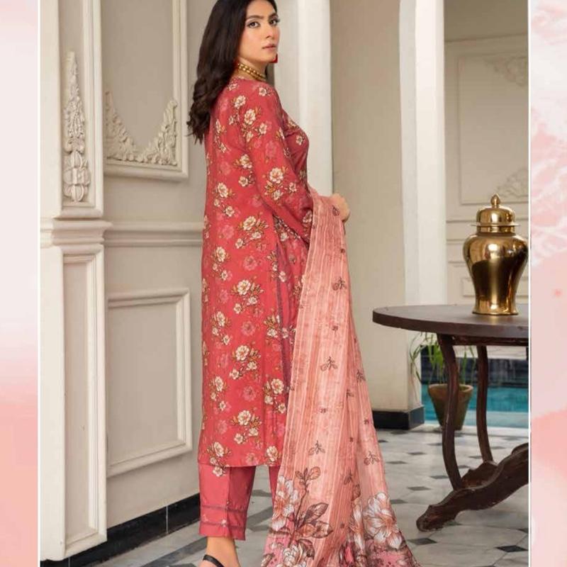 Linen Floral Print 3PC Set with Embroidered Top Trousers & Med Munaar Dupatta for Women's Fashion