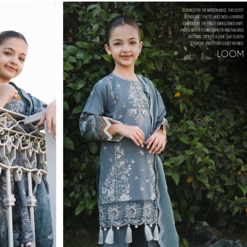 Allys mother daughter matching grey heavy embroidered fancy cotton 3PC