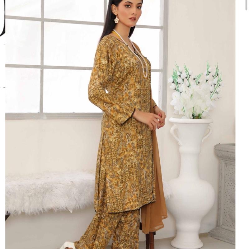 Simrans printed 3PC with plain chiffon dupatta