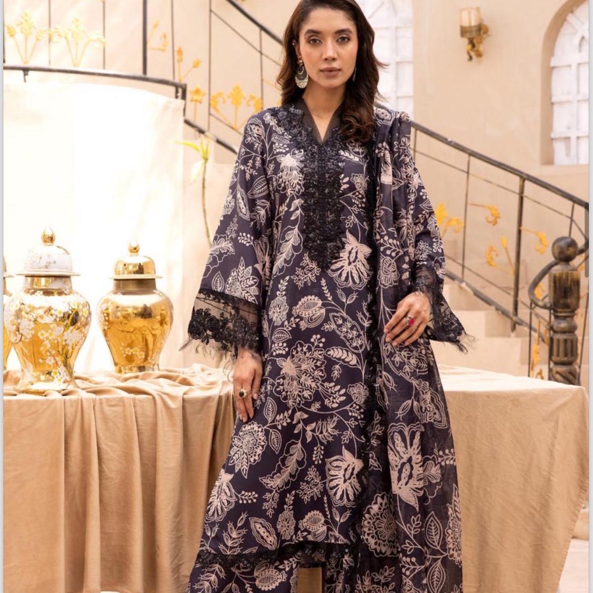 Simrans lawn printkari embroidered 3PC suit black