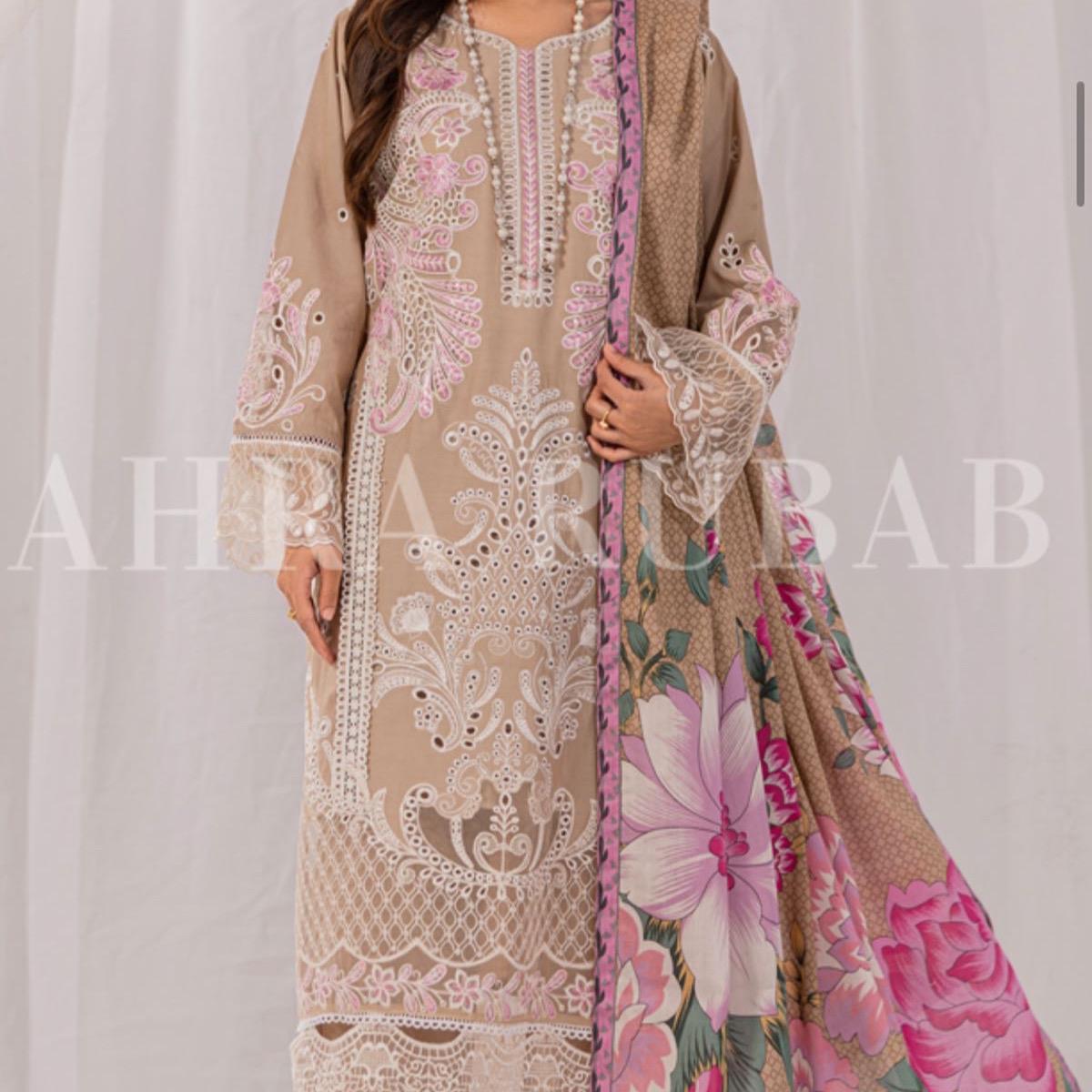 Zahra Rubab beige with pink embroidery