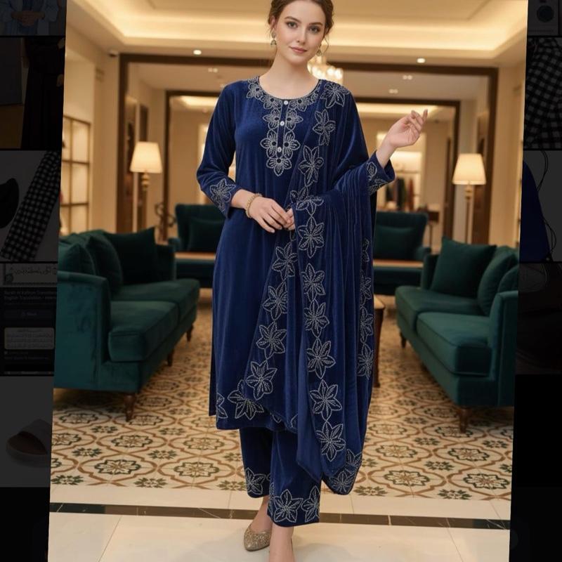 Navy Blue Velvet 3PC Set with Straight Trousers and Shawl Embellished with Rhinestones for Elegant Outfits