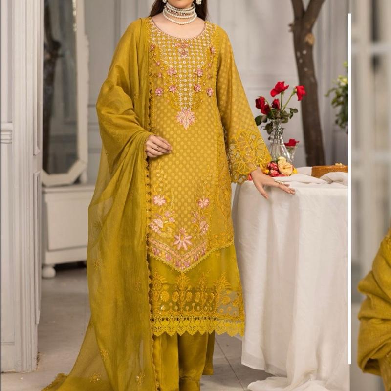 Zahra Rubab Safron Fancy Khadi Net 3PC Suit for Women - Womenswear, Asian