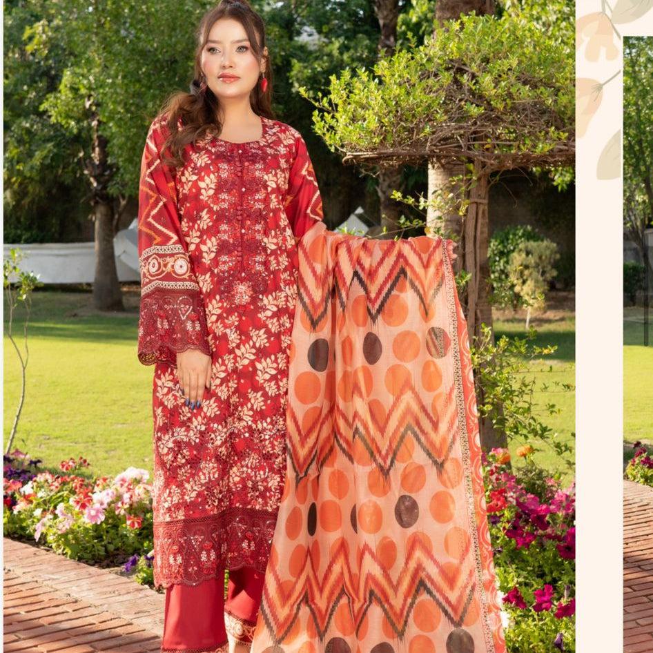 MSL-02 Munira Red Embroided Lawn 3PC