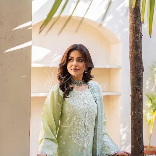 Karma Pistachio Green Cotton Embroidered 3PC Set with Plazo Trousers & Dupatta for Everyday & Special Occasions