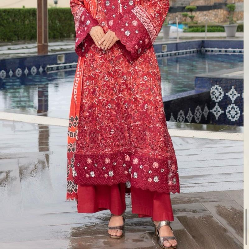 Munira red lawn embroidered 3PC