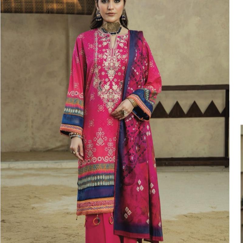 Ally's Pink Lawn Embroidered 3PC - Women's Summer Casual Dress - Long Sleeve, Comfort, Womenswear, Maxi