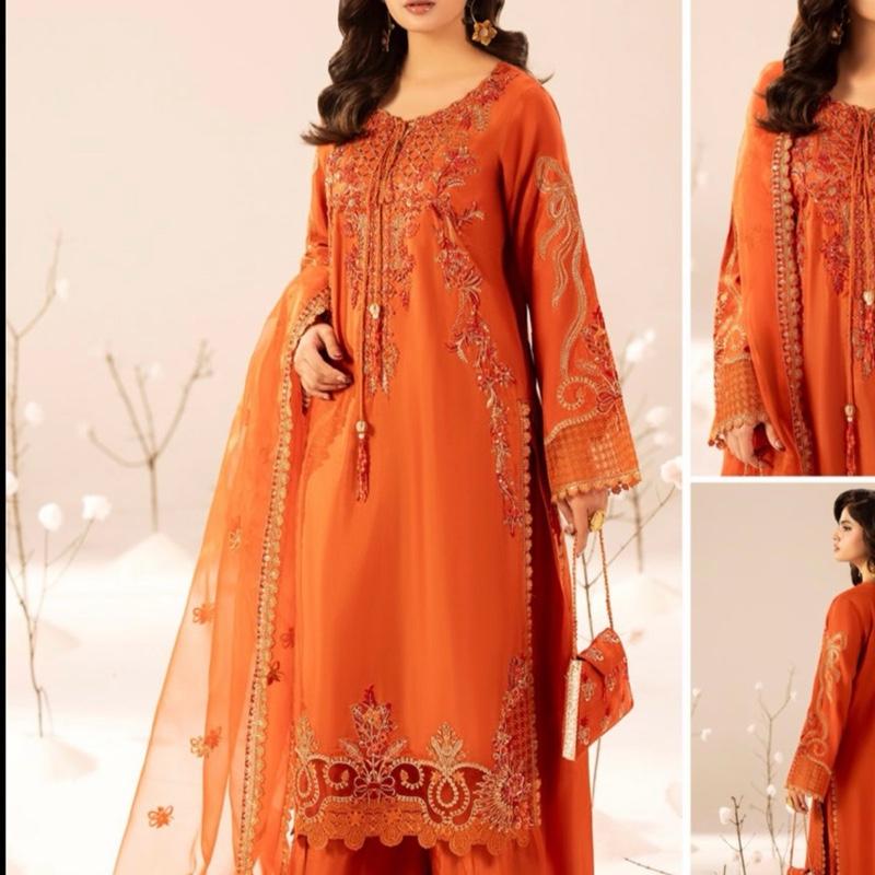Elegant Orange Embroidered Dress with Matching Dupatta and Bag for Special Occasions