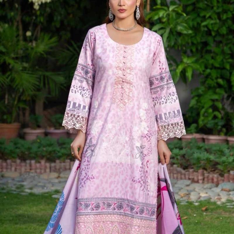 Ladies Pink Embroidered Winter Dhanak 3PC Set with Matching Dupatta for Festive Wear