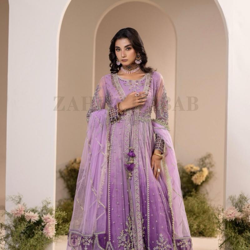 Purple shaded maxi dress with dupatta and trousers