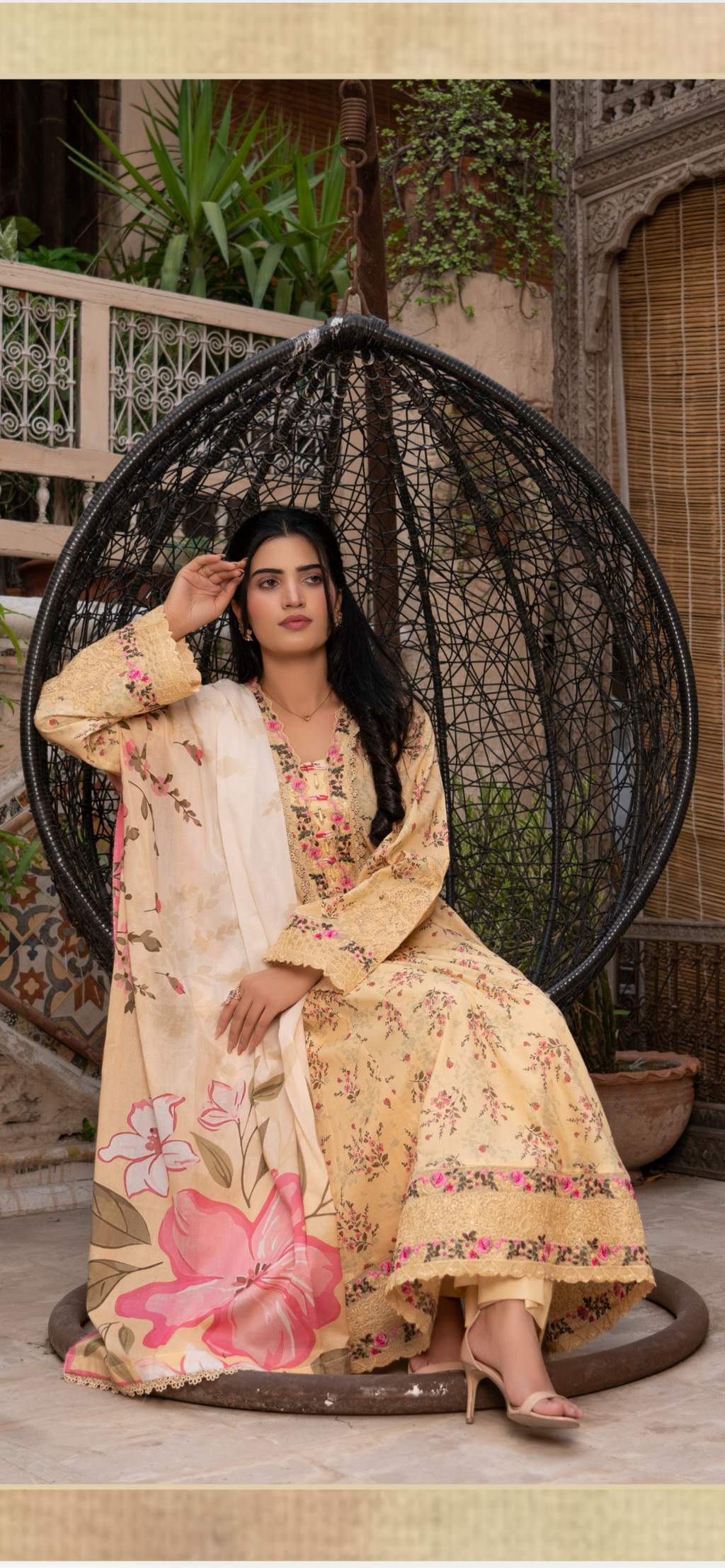 Latest lawn embroidered dress style shirt dupatta and matching trousers