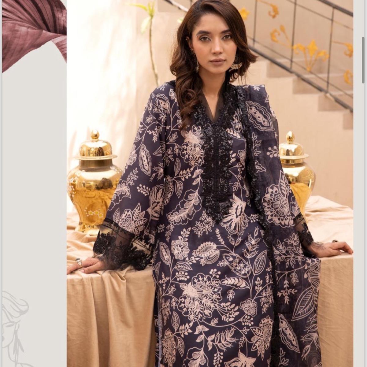 Simrans lawn printkari embroidered 3PC suit black